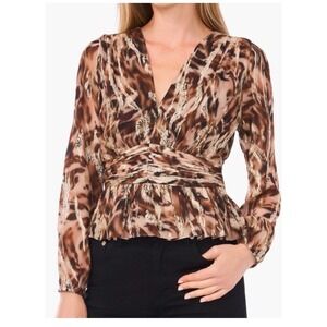 Parker Womens Brown Animal Print Metallic Lurex‎ Peplum Blouse Size M Mob Wife
